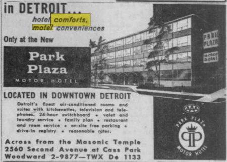 Park Plaza Motor Hotel - 10 Nov 1957 Ad (newer photo)